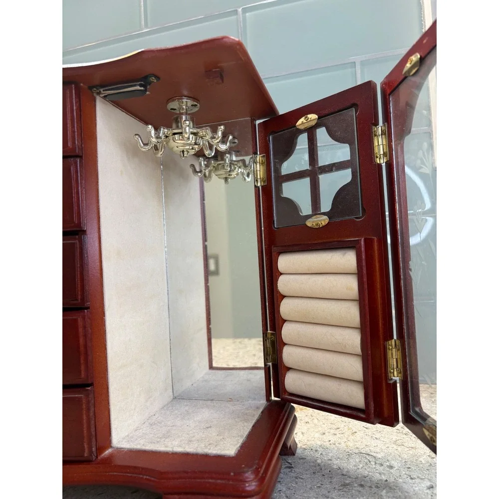 Vintage Wooden Jewelry Armoire Cherry Finish Etched Glass 5 Drawers Mirror Box